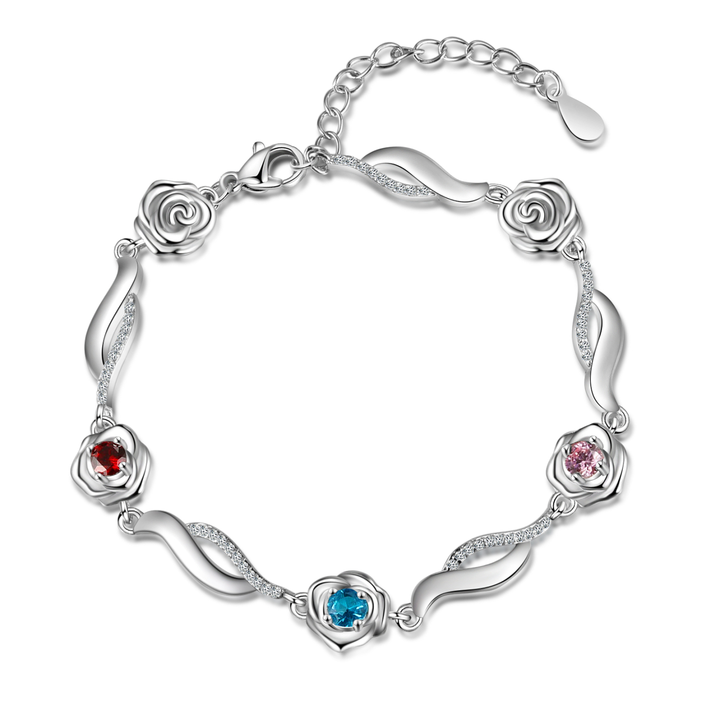 3 Names-Personalized Rose Bracelet With 3 Birthstones Set With Gift Box Custom Names Bracelet Gift For Women