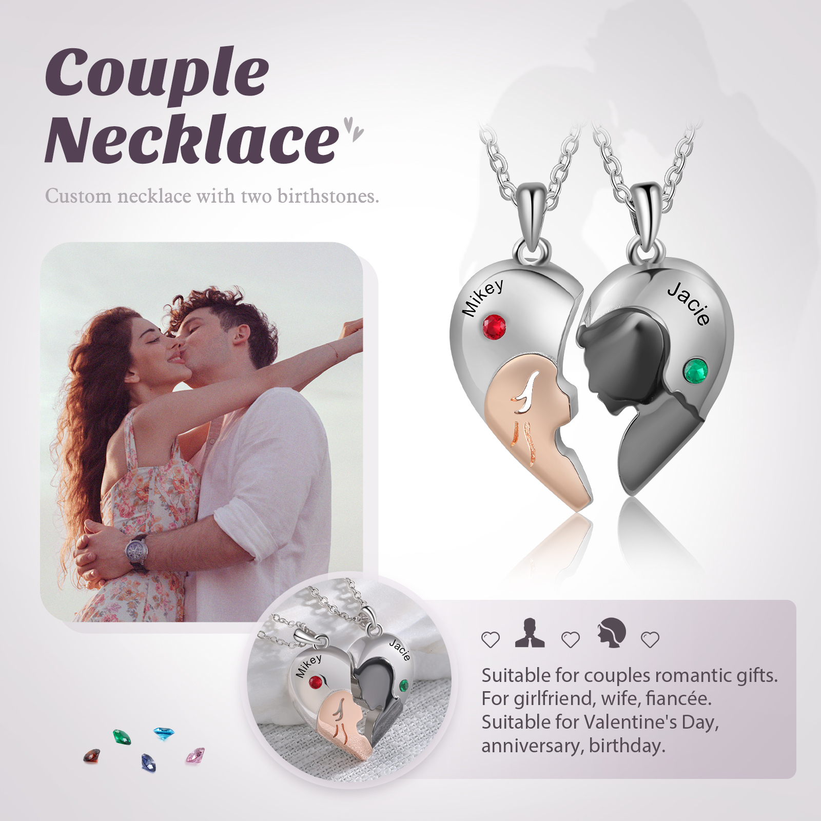 Custom 2Pcs Couple Birthstone Necklace, Customized Name Necklace Couple Gift