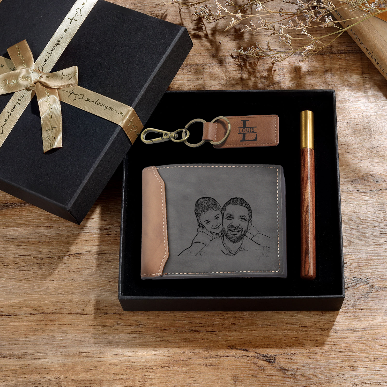 Photo Personalized Leather Wallet Gift Box Set with Keychain Customizable Letter Name and Date Wallet Gift for Him