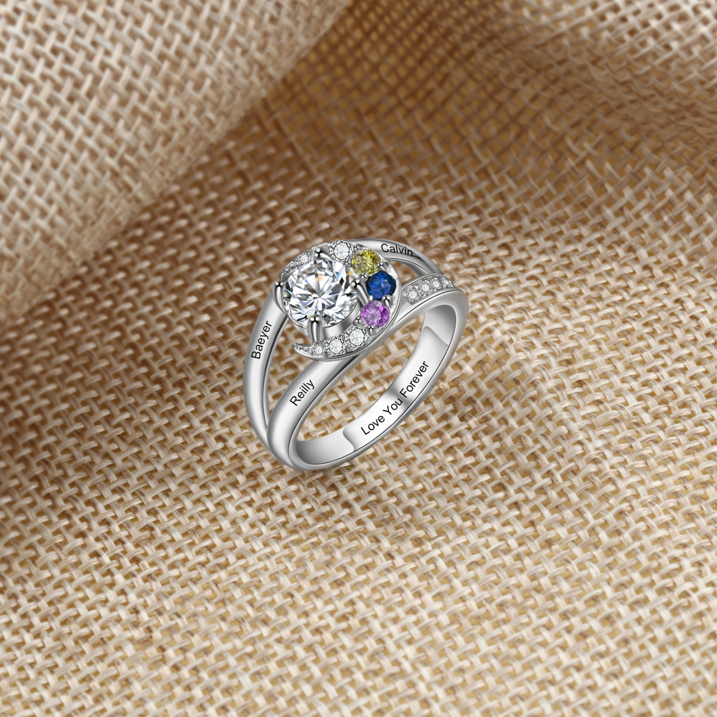 Personalized Moon Star Ring With 3 Birthstones Custom Names Best Gift For Women