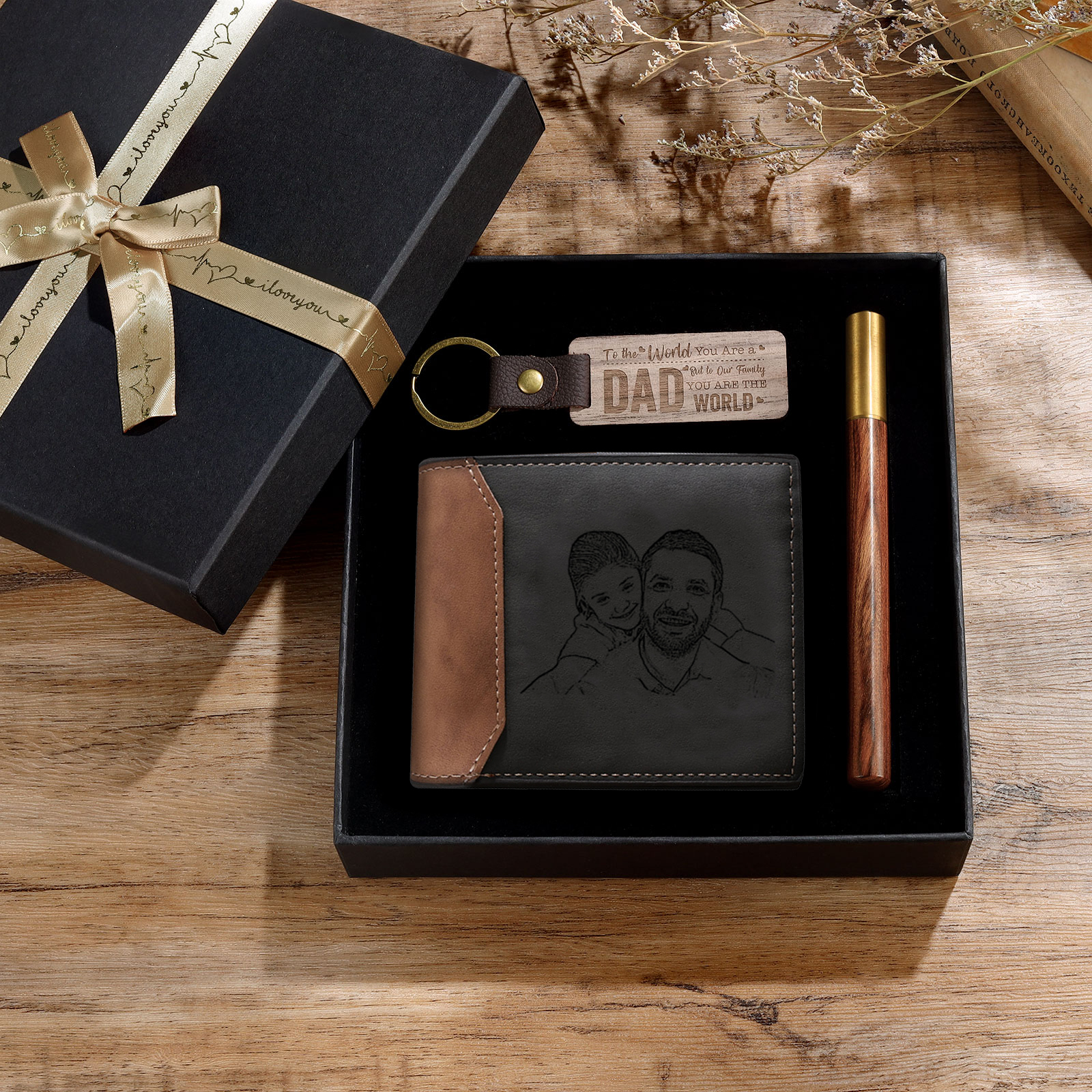 Personalized Leather Wallet Gift Box Set Keychain, Customizable Photo Name Letter Wallet Gift for Dad