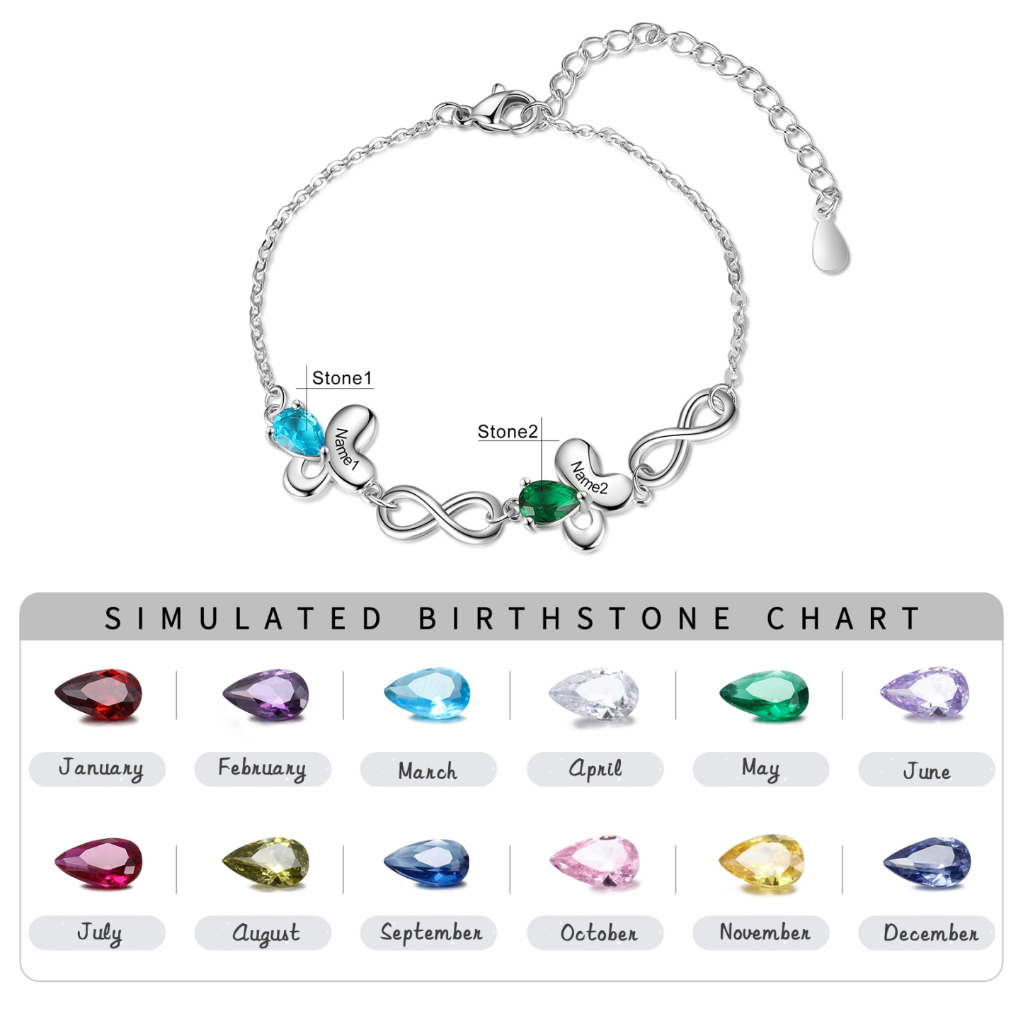 Personalized Butterfly Bracelet With 2 Birthstones Custom Names Bracelet Gift For Women