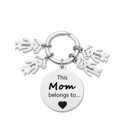 4 Names-This Mom Belongs to...Custom Keychain with Name & Text