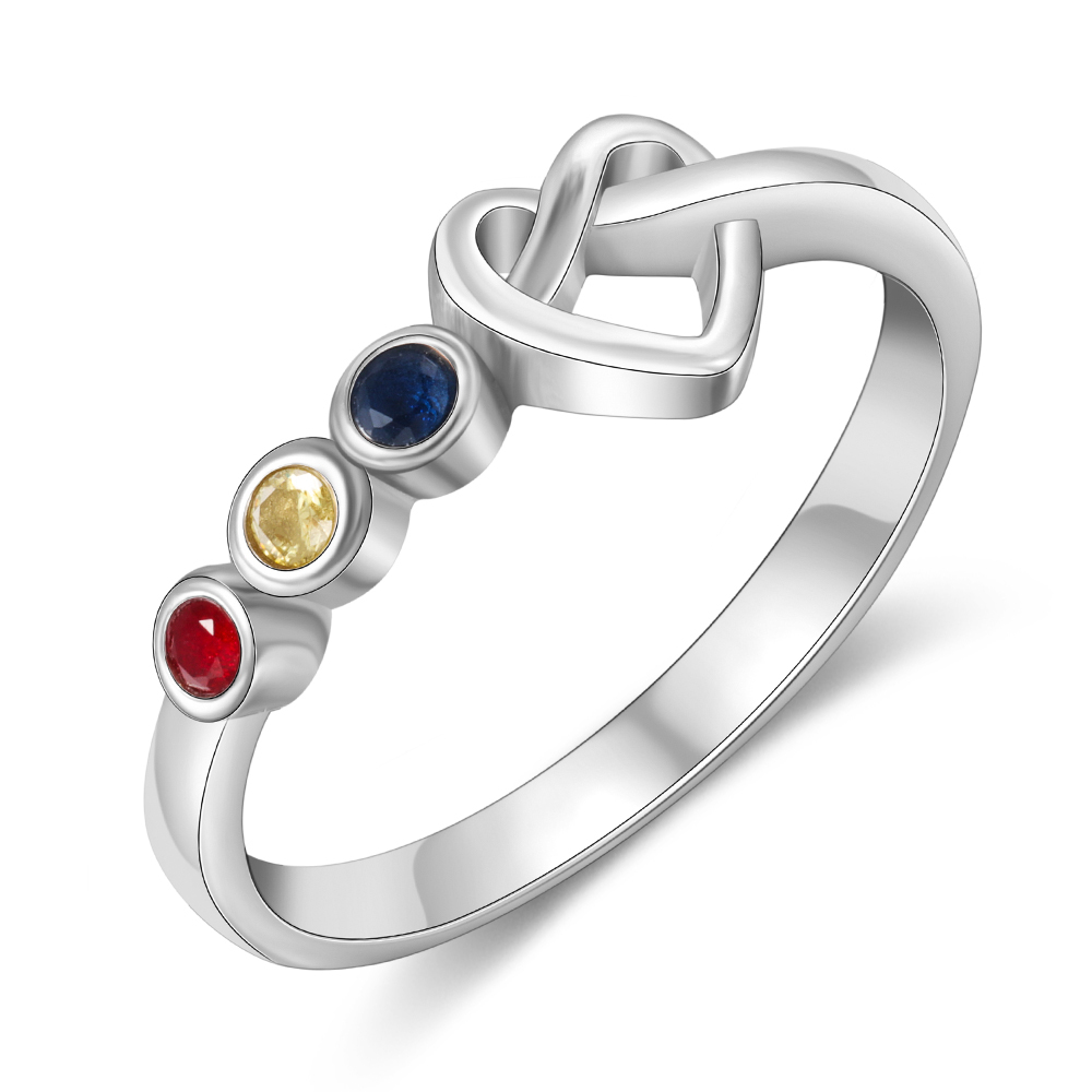 Family Ring Personalized 3 Birthstones Heart Knot Ring Band