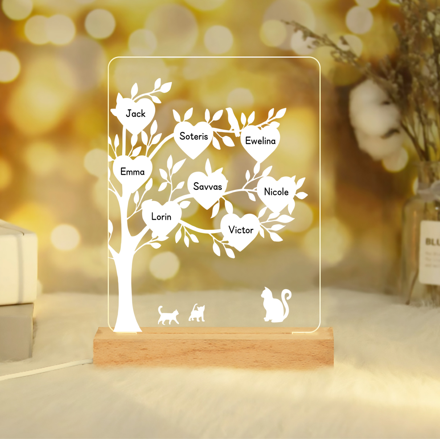 8 Names - Personalized Leaf Style Night Light With Custom Text LED Light Gift For Family