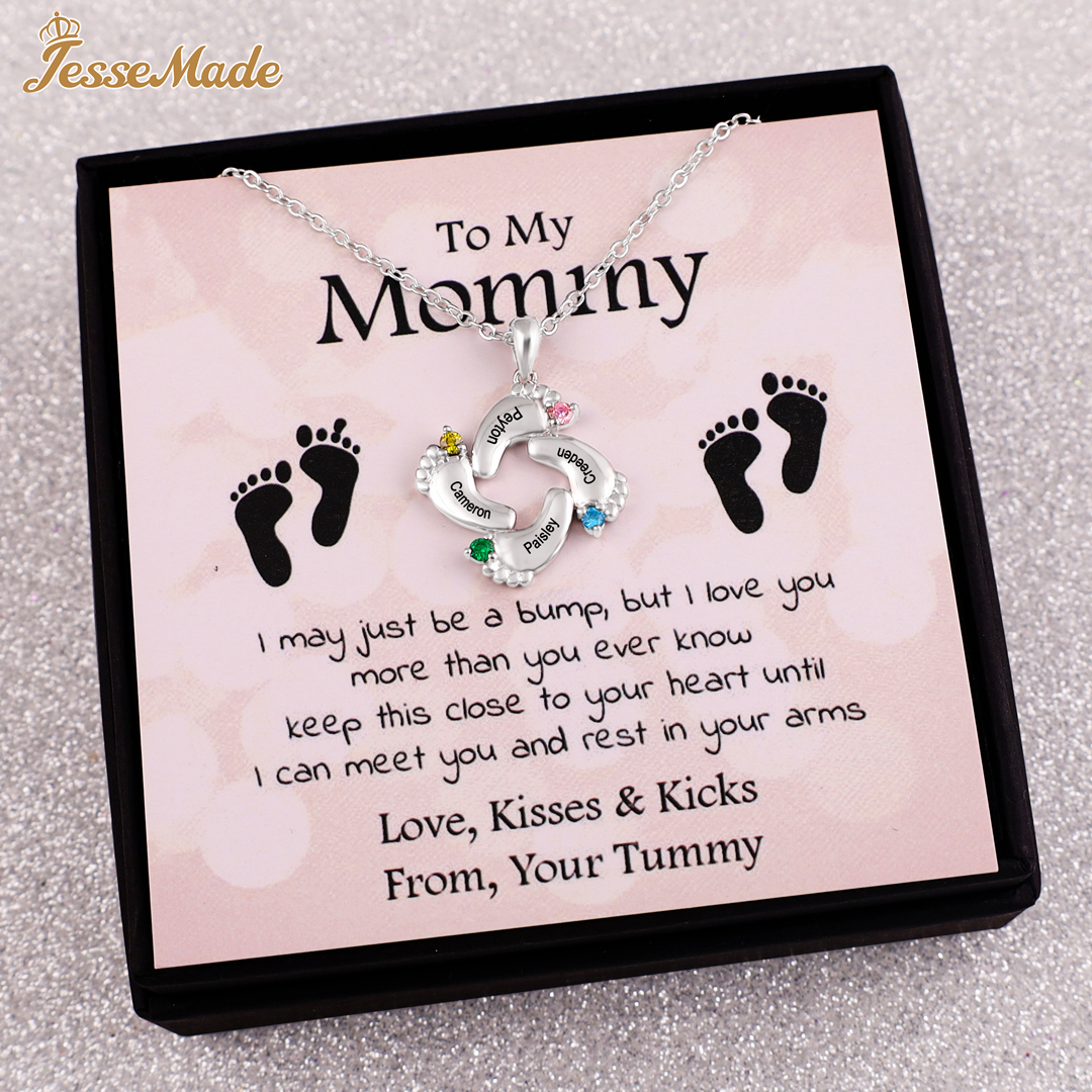 Personalized Baby Foot Necklace With 1-6 Birthstones Engraved Names Gift For Mother