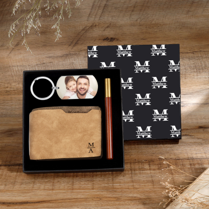 Photo Personalized Leather Wallet Gift Box Set with Keychain Customizable 1 Text  1 Name and 2 Letter Wallet Gift for Dad