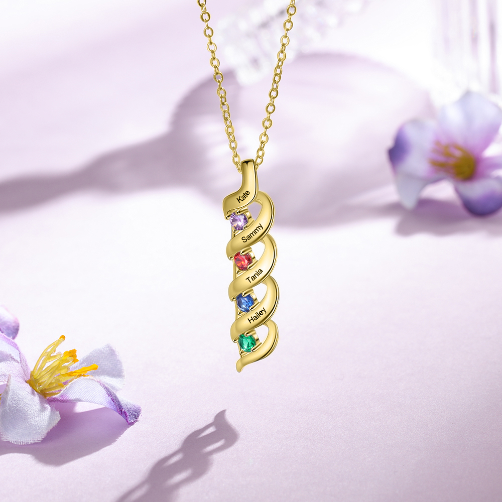 4 Names-Personalized Necklace Cascading Pendant with 4 Birthstones Engraving 4 Names Gifts for Her