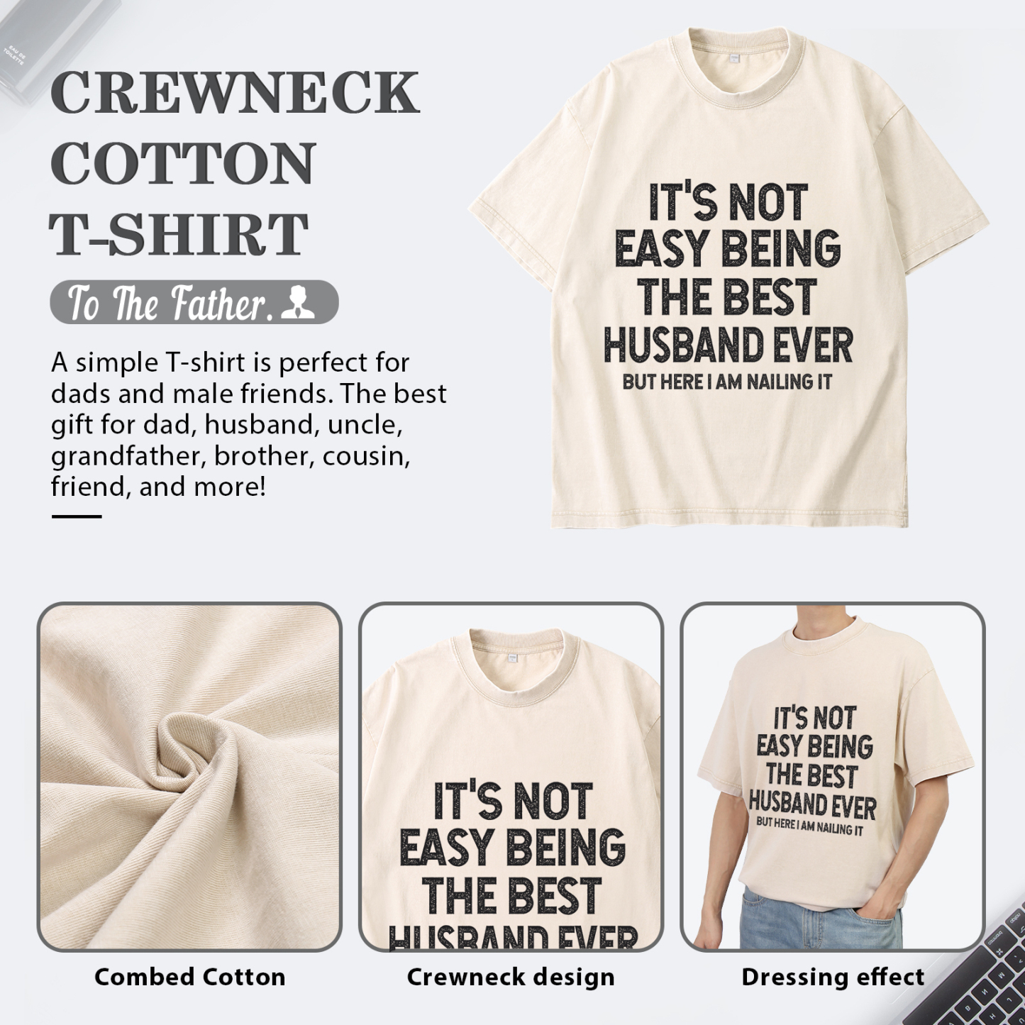 Personalised Couple T-Shirts in Beige– "It’s Not Easy Being the Best Husband/Wife Ever, But Here I Am Nailing It" – Valentine’s Day Gift for Couple | Jessemade