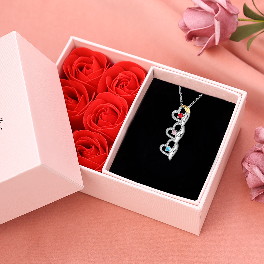 Personalized Heart Necklace, Customized 3 Names and 3 Birthstones Women's Pendant Necklace with Gift Box Gift for Grandma | Jessmade