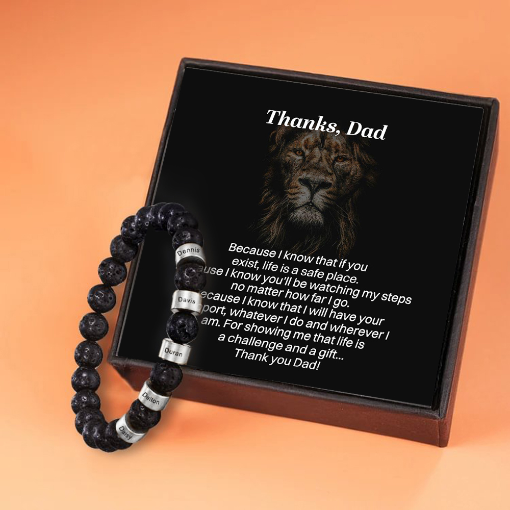 5 Names Black Lava Beads Bracelet Men's Bracelet with Lion Card Custom Gift for Dad
