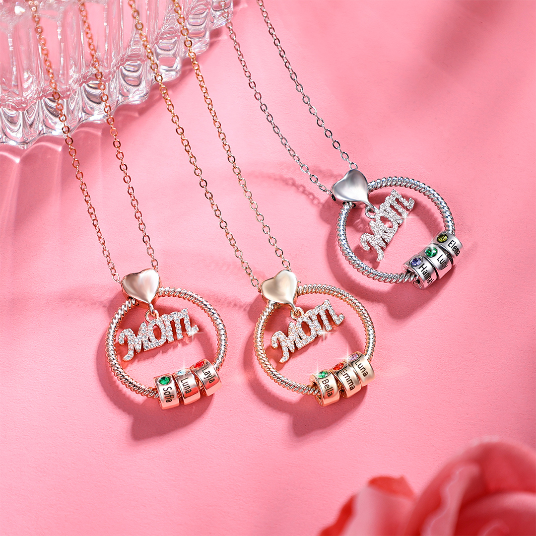 5 Names-Personalized Necklace With 5 Birthstones Engraved Names Gift For Mother