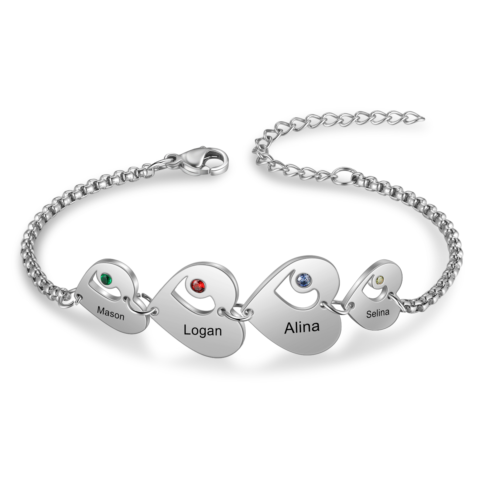 1-5 Name-Personalized Heart Bracelet With Birthstones Set With Gift Box Custom Name Family Bracelet Gifts for Her