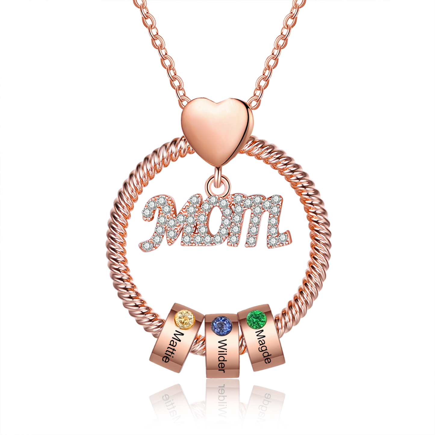 3 Names-Personalized Mom Necklace Set With Premium Rotating Rose Flower Gift Box-Custom Necklace With 3 Birthstones Engraved Names Gift For Mother