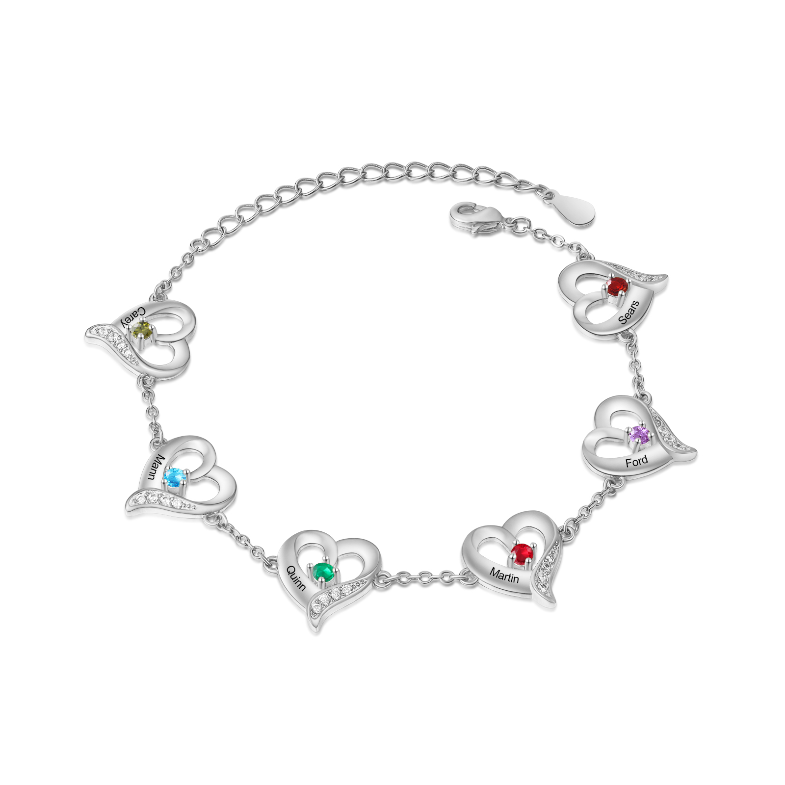 6 Names-Personalized Heart Bracelet With 6 Birthstones Engraved Names Bangle For Her