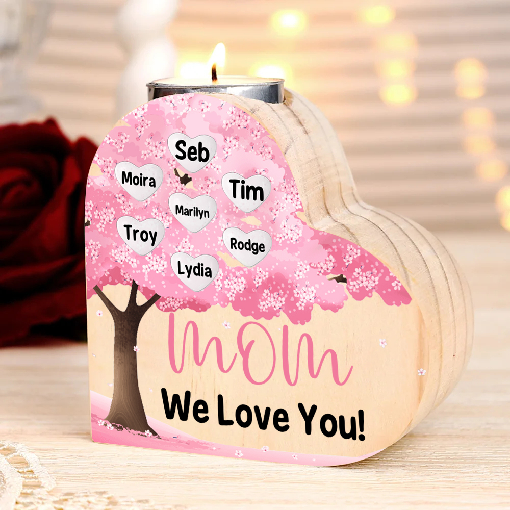 Personalized Flower Tree Heart-Shaped Candle Holder Set with Gift Box Customizable Text Name Mother's Day Gift for Mom