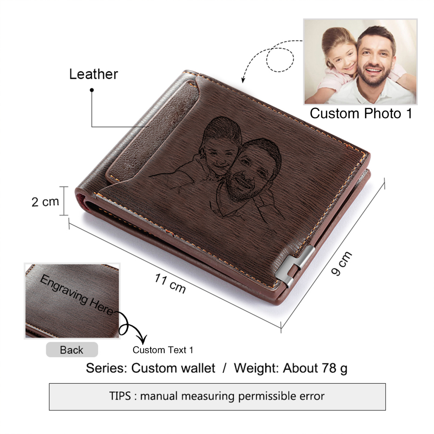 Personalized Leather Wallet Gift Box Set with Keychain Customizable 2 Photo, Name and 3 Text Wallet Gift for Him