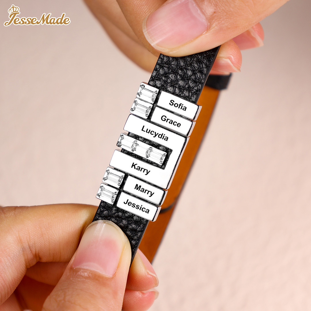 Customized Leather Bracelet with Beads Engraved 4 Names Bangle for Him