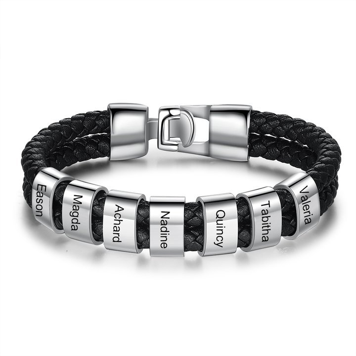 Personalized Braided Leather Bracelet Engraved 7 Names Men's Bracelet for Him