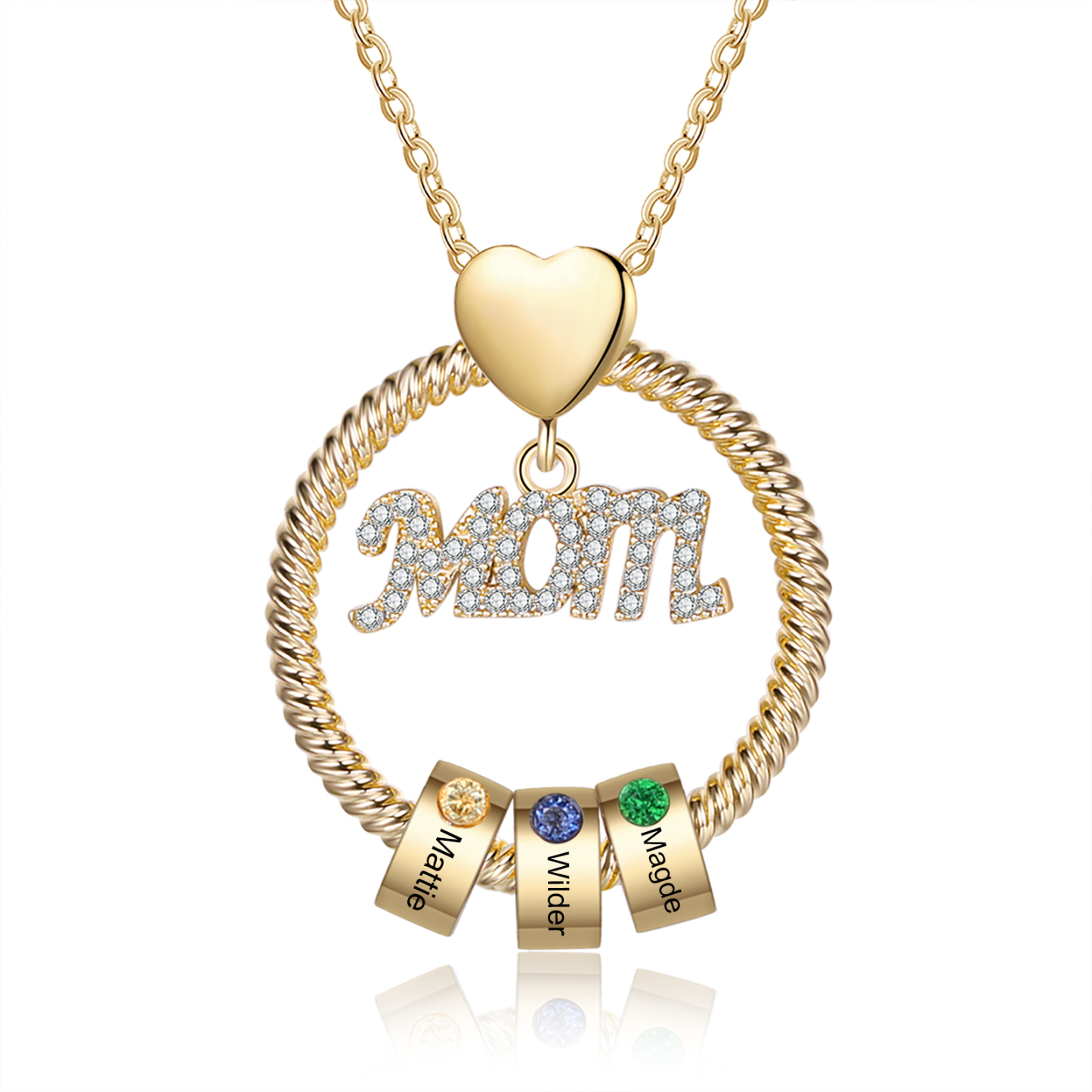 3 Names-Personalized Mom Necklace Set With Premium Rotating Rose Flower Gift Box-Custom Necklace With 3 Birthstones Engraved Names Gift For Mother