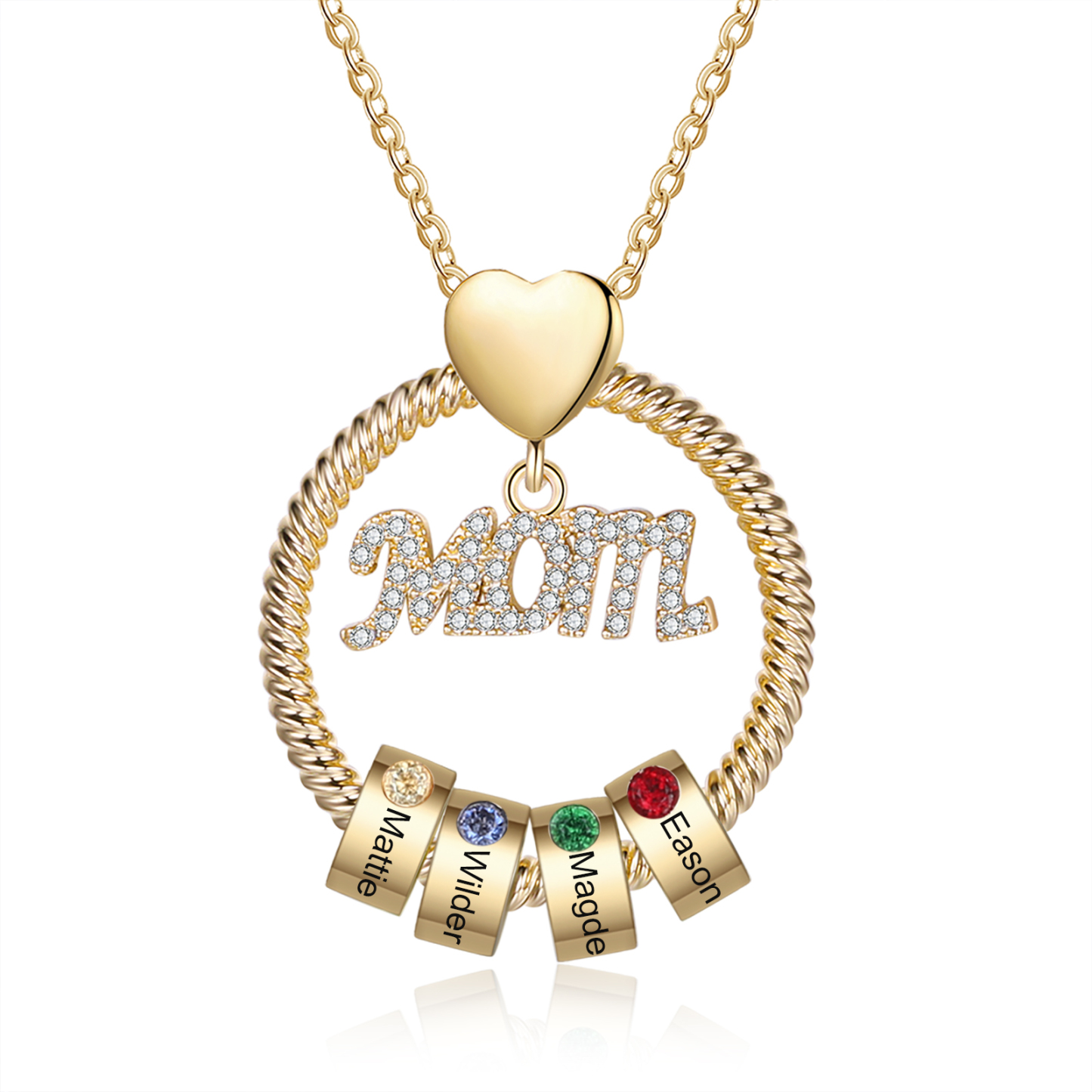 4 Names-Personalized Mom Necklace Set With Premium Rotating Rose Flower Gift Box-Custom Necklace With 4 Birthstones Engraved Names Gift For Mother