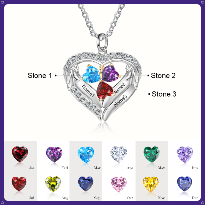 Personalized Wings S925 Silver Necklace With 3 Heart Birthstones Engraved Names Gift For Women