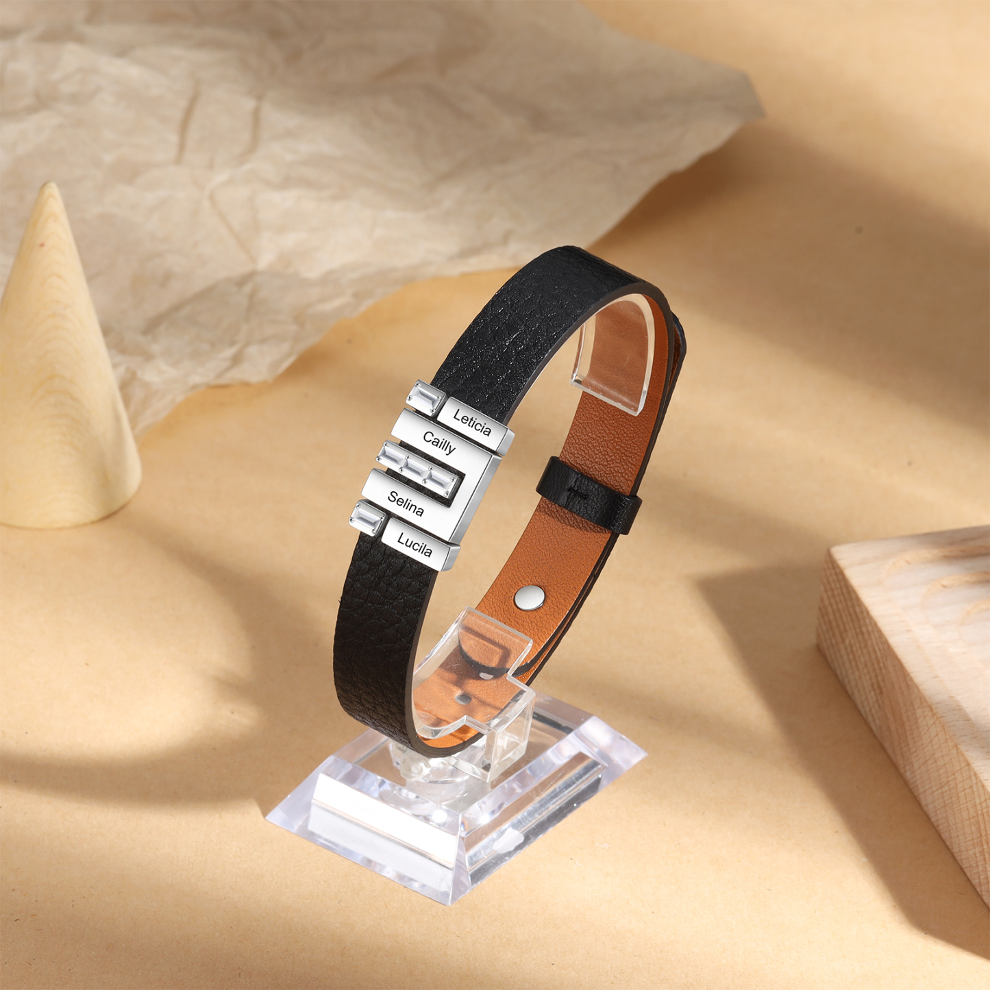 Customized Leather Bracelet with Beads Engraved 4 Names Bangle for Him