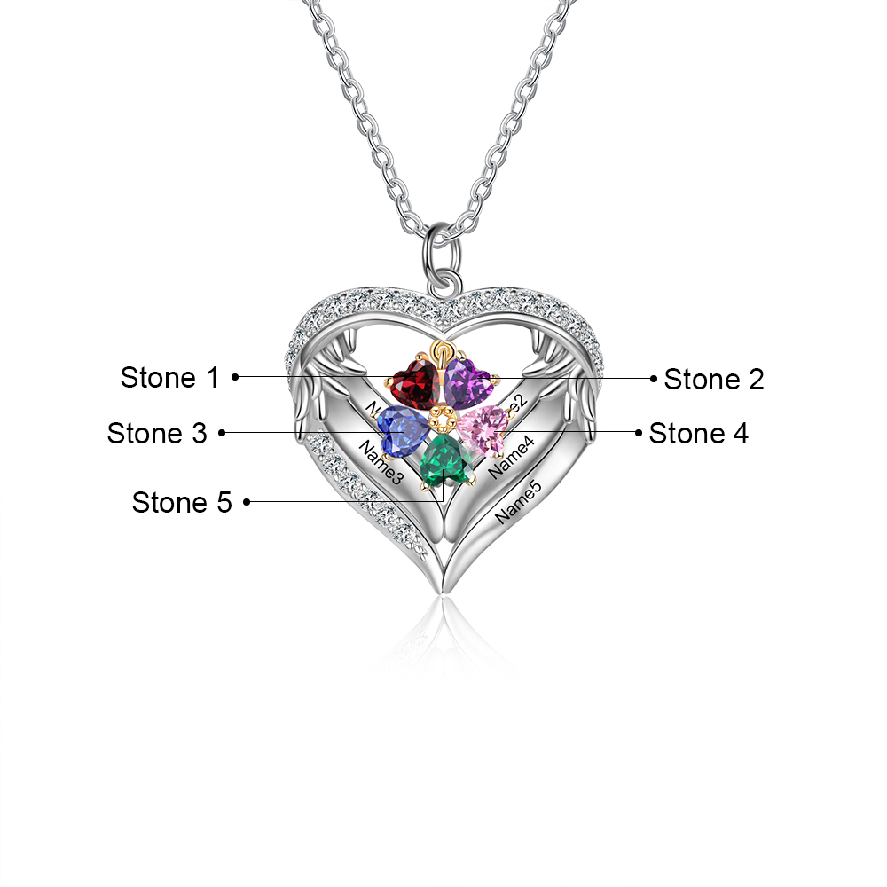 Personalized Wings S925 Silver Necklace With 5 Heart Birthstones Engraved Names Gift For Women