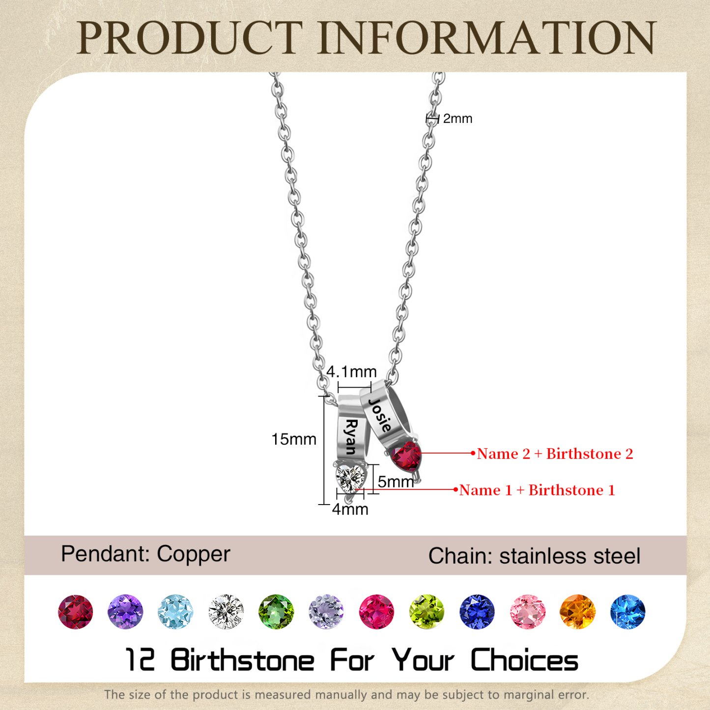2 Names - Personalized Link Pendant Necklace with Customized Name and Birthstone Gift for Her