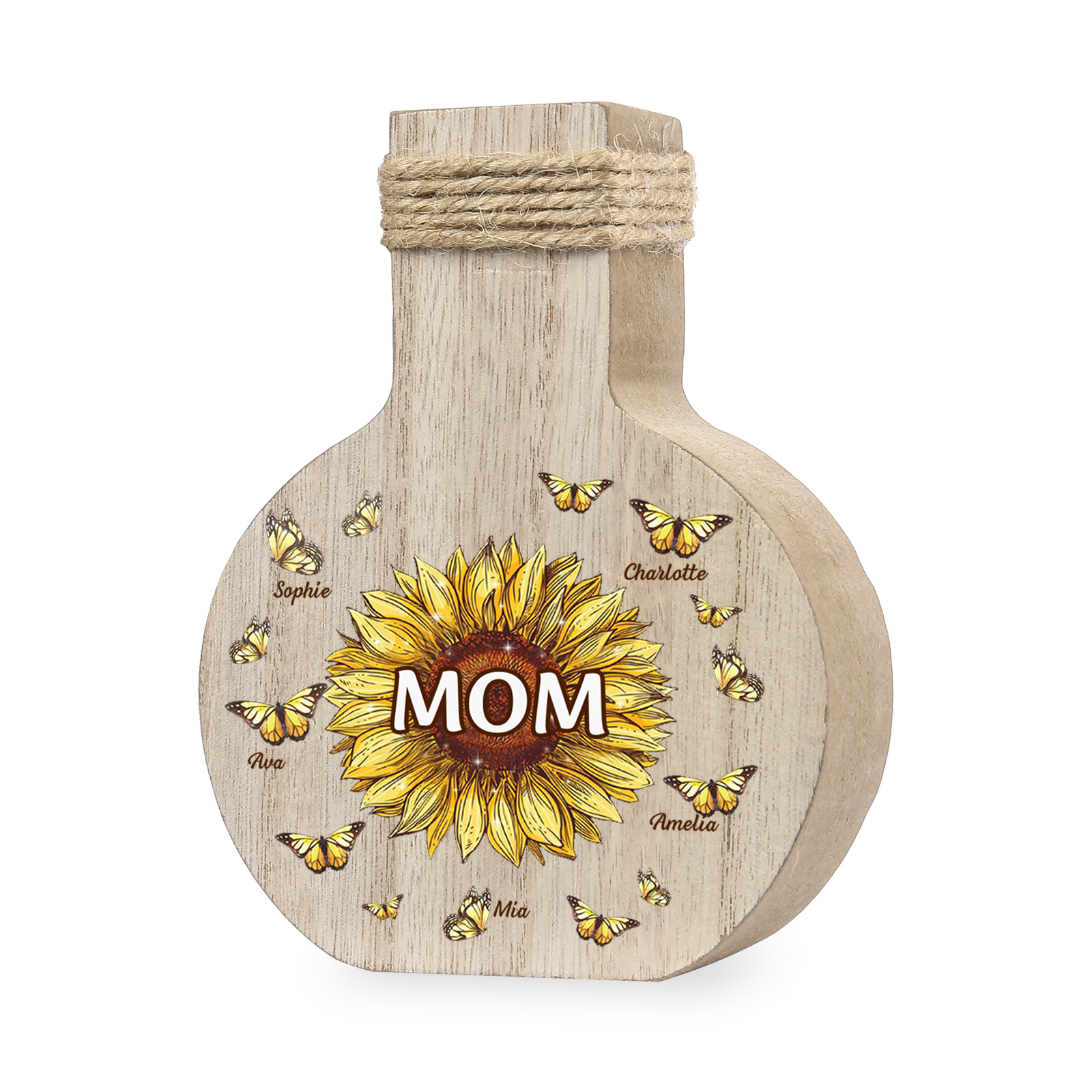 5 Names - Personalized Custom Text and Name Butterfly Style Wooden Decorative Vase as a Gift for Mom