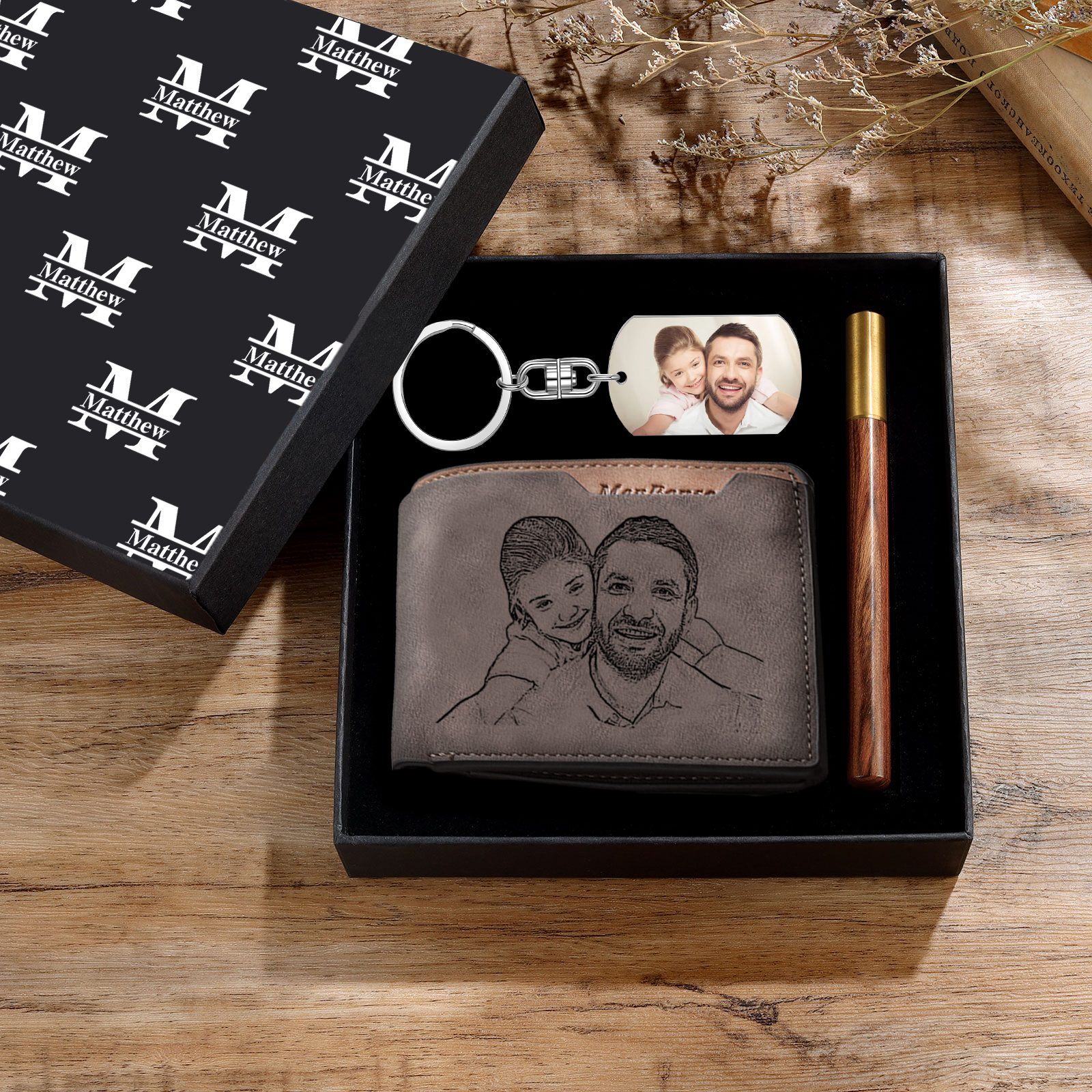 Personalized Leather Wallet Gift Box Set with Keychain Customizable Photo,Text ,Name and Date Wallet Gift for Him