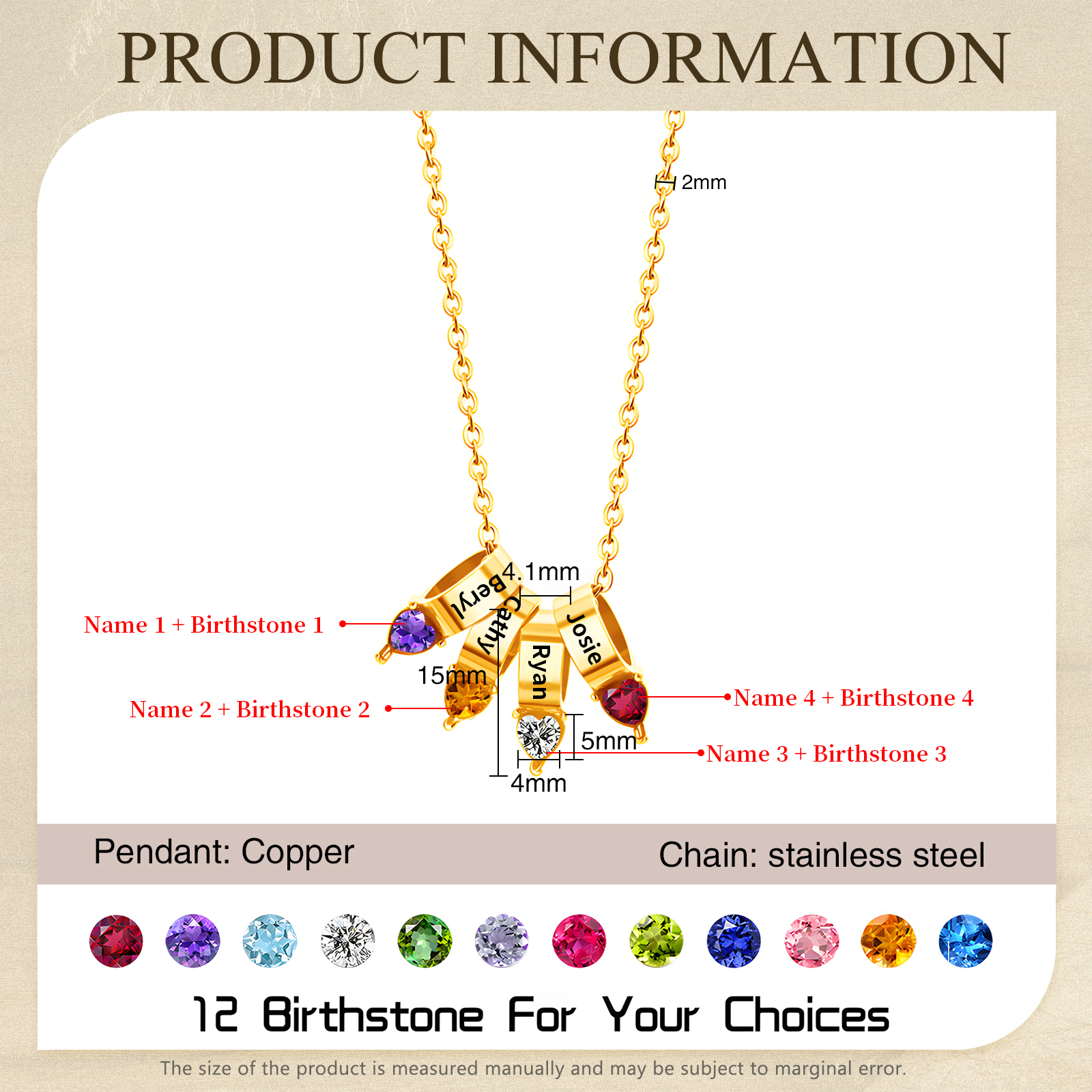4 Names - Personalized Link Pendant Necklace with Customized Name and Birthstone Gift for Her