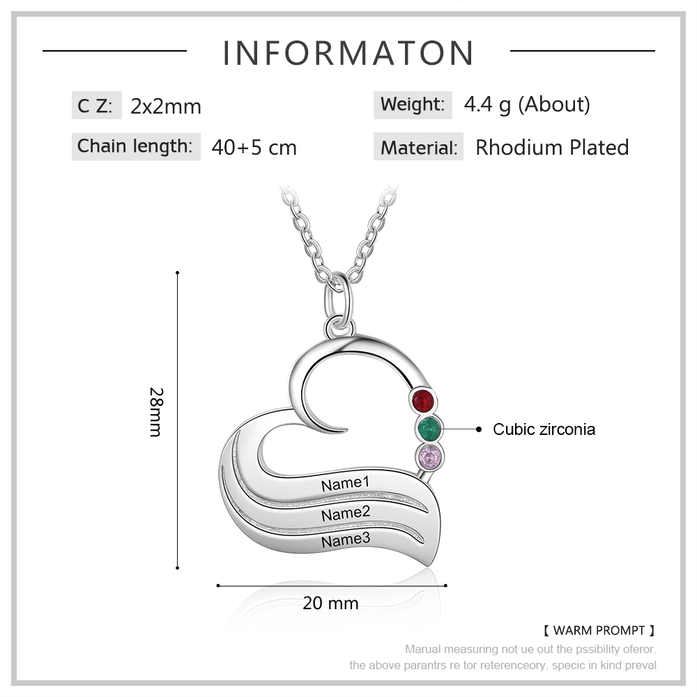 3 Names-Personalized Special Heart Necklace with Birthstone and Name for Her