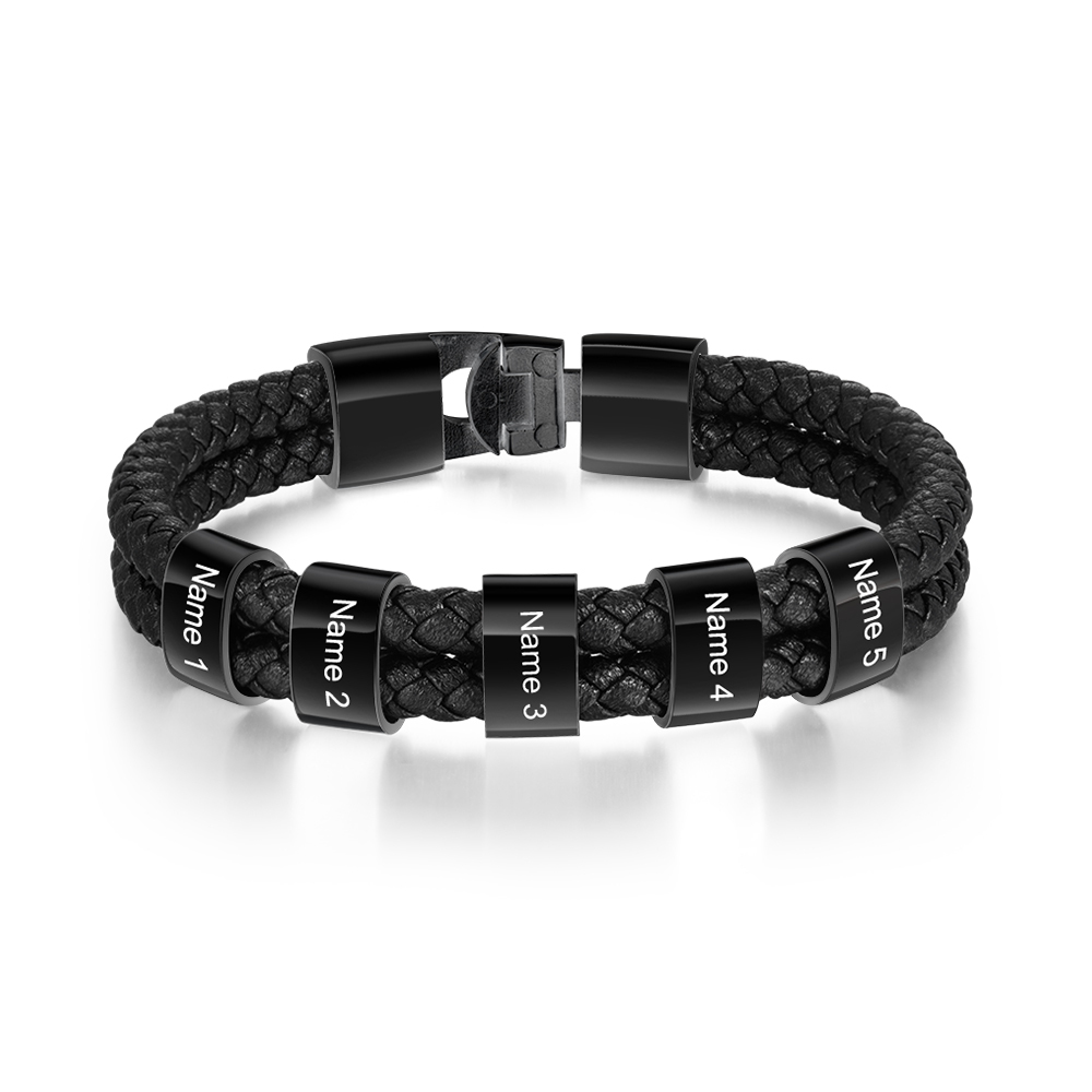 Personalized Braided Leather Bracelet Engraved 5 Names Men's Bracelet for Him