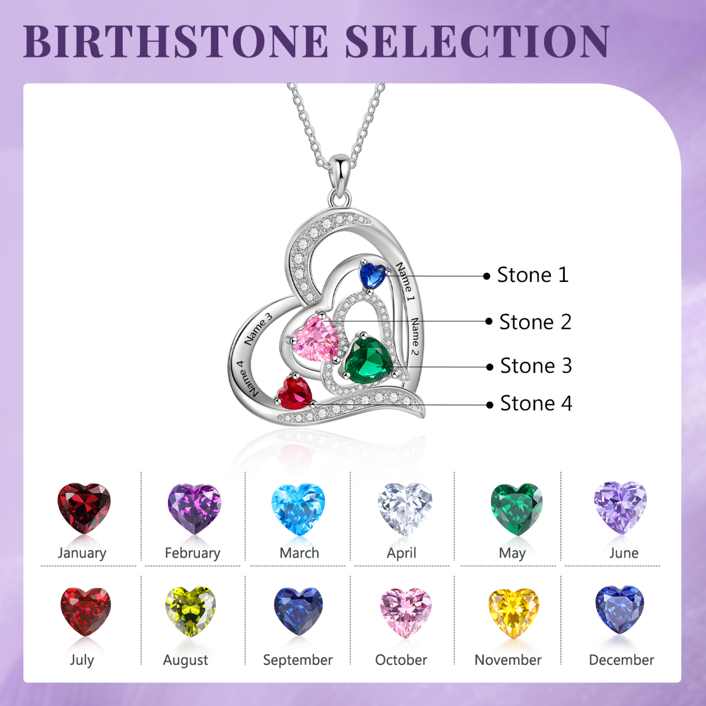 4 Names - Personalized Heart Necklace with Customized Names and Birthstone Gift for Her