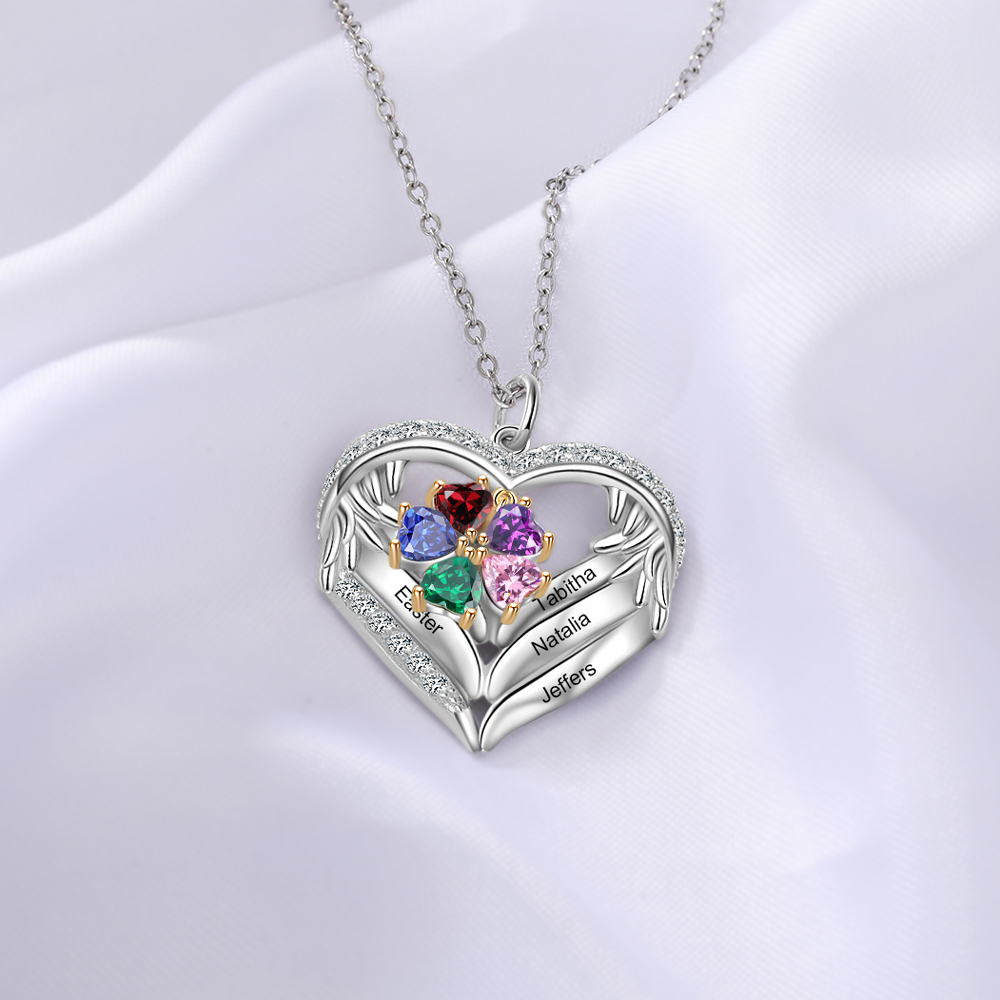 Personalized Wings S925 Silver Necklace With 5 Heart Birthstones Engraved Names Gift For Women