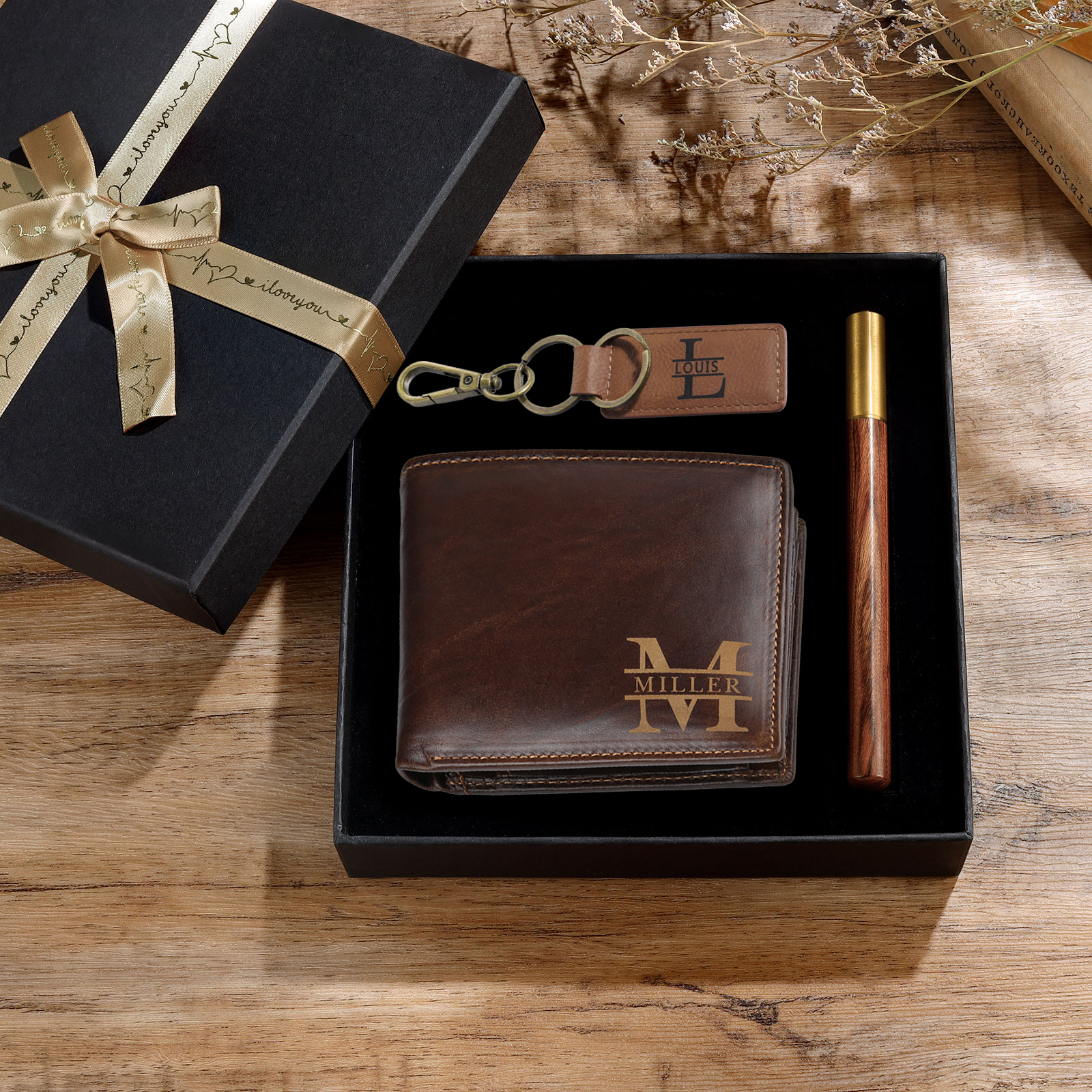 Personalized Leather Wallet Gift Box Set with Keychain Customizable 2 Text, 2 Letter and 2 Name Wallet Gift for Him