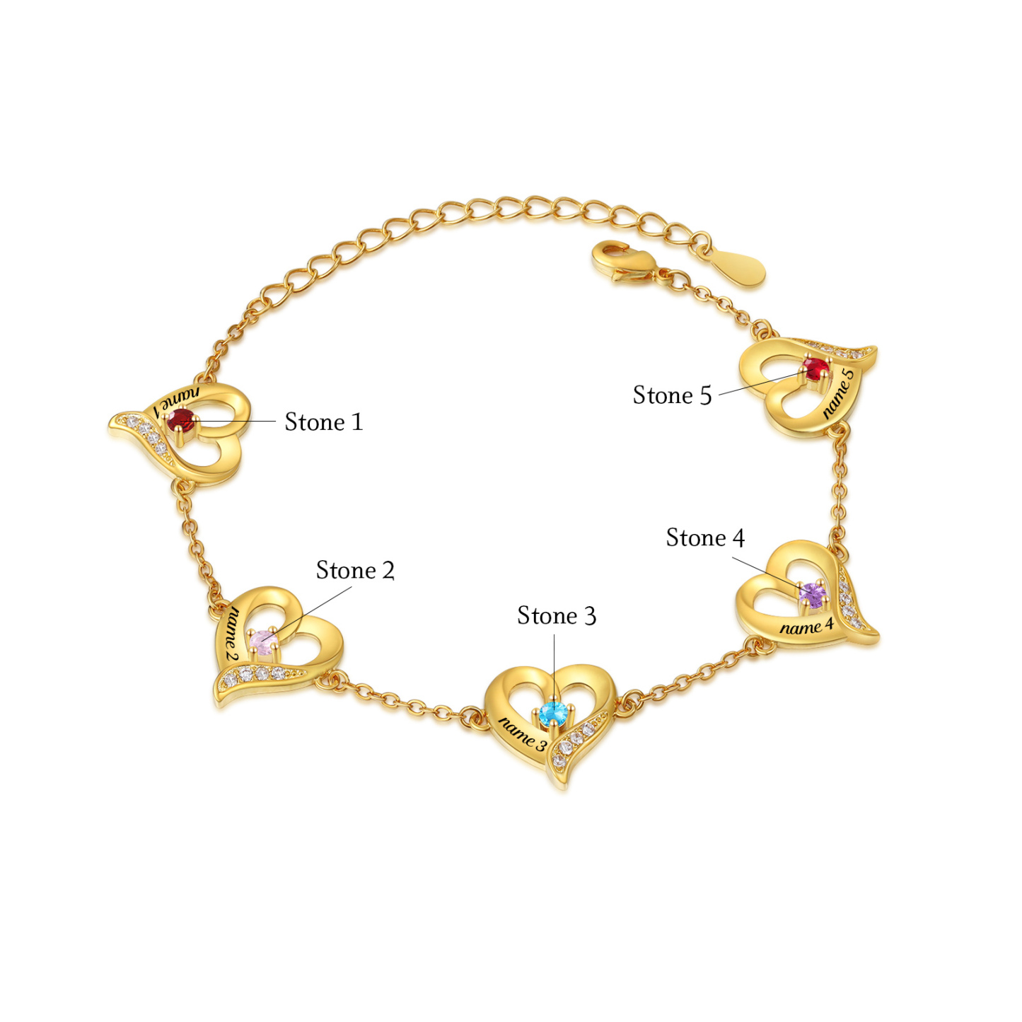 5 Names-Personalized Heart Bracelet With 5 Birthstones Engraved Names Bangle For Her