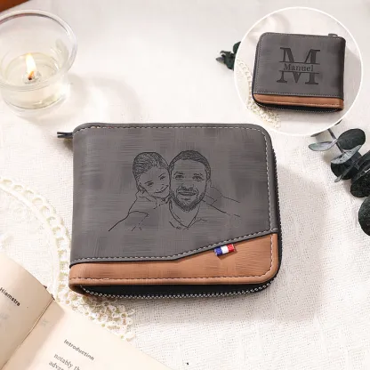 Personalized Name Leather Men's Zipper Wallet With Card Slot Engraved Letter And Photo Gift For Him
