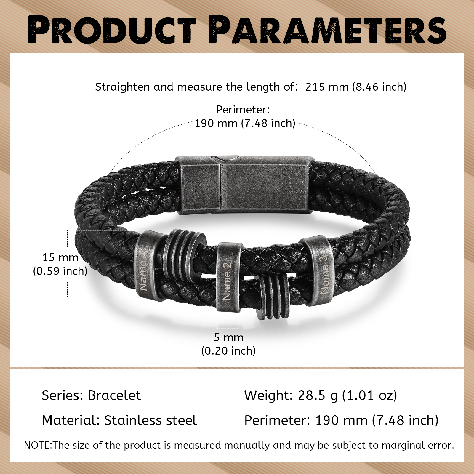Personalized PU Leather Men's Bracelet, Custom 3 Names Bracelets Vintage Gift for Him-3 Names