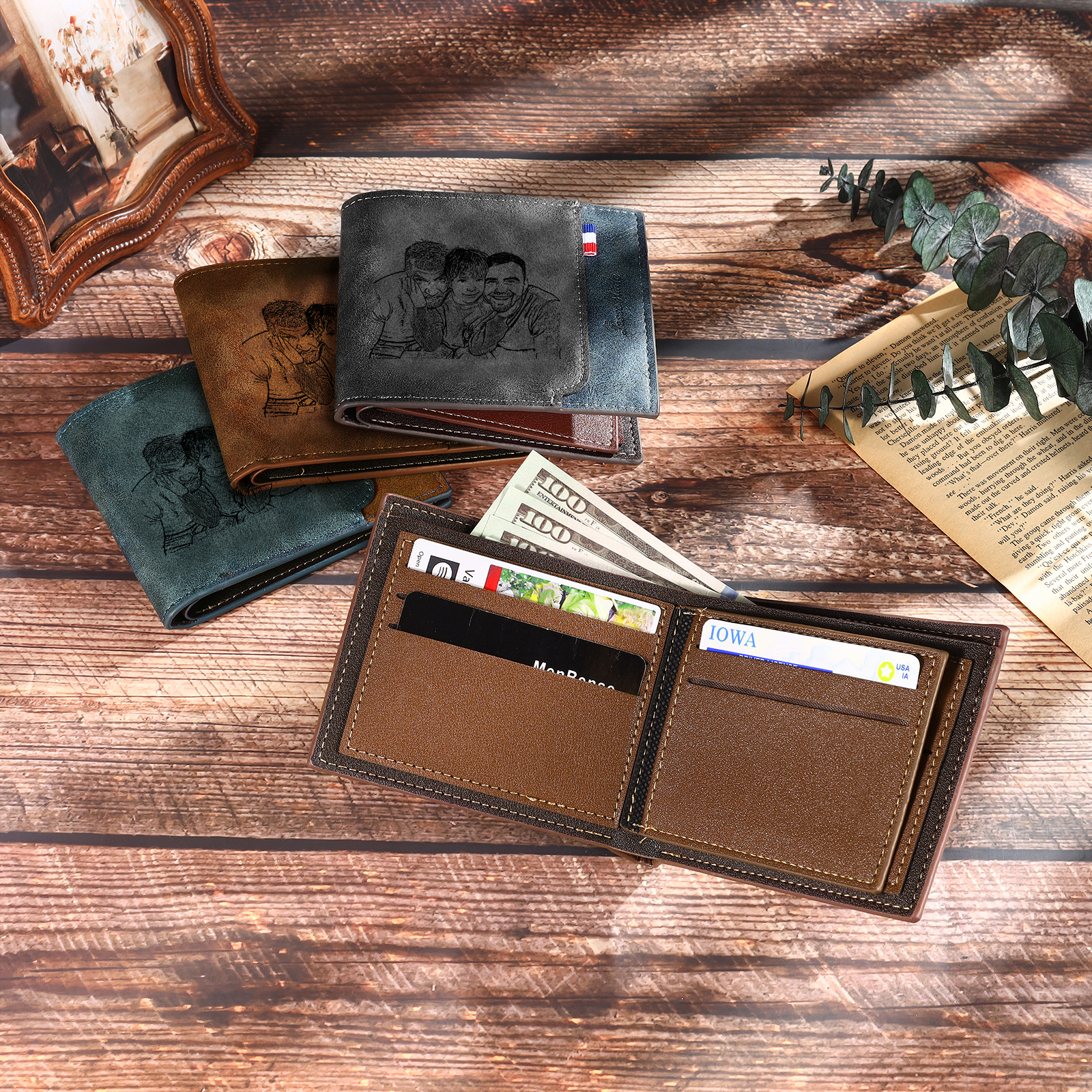 4 Names - Personalized Photo Custom Leather Men's Folding Wallet as a Father's Day Gift for Dad