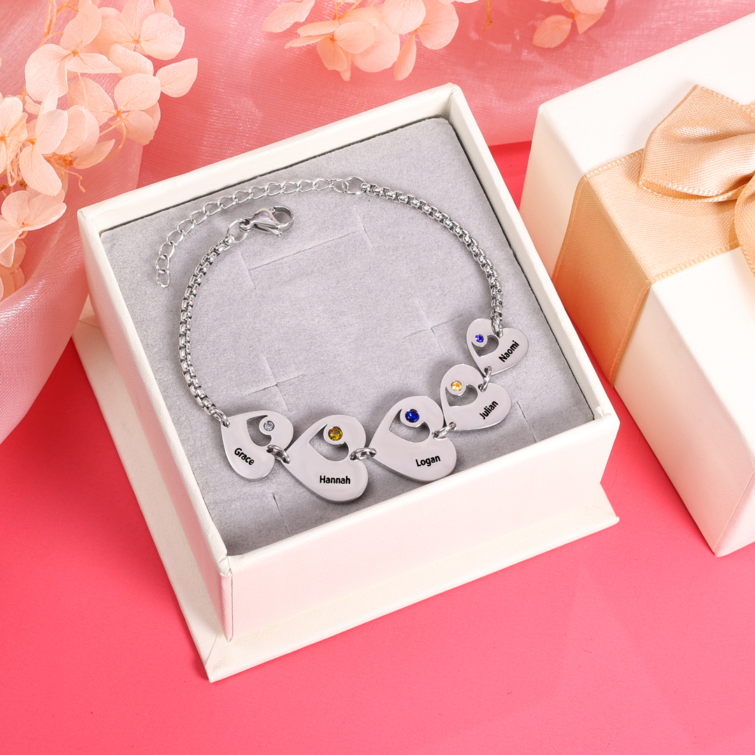1 Name-Personalized Heart Bracelet With Birthstones Set With Gift Box Custom 1 Name Family Bracelet Gifts for Her