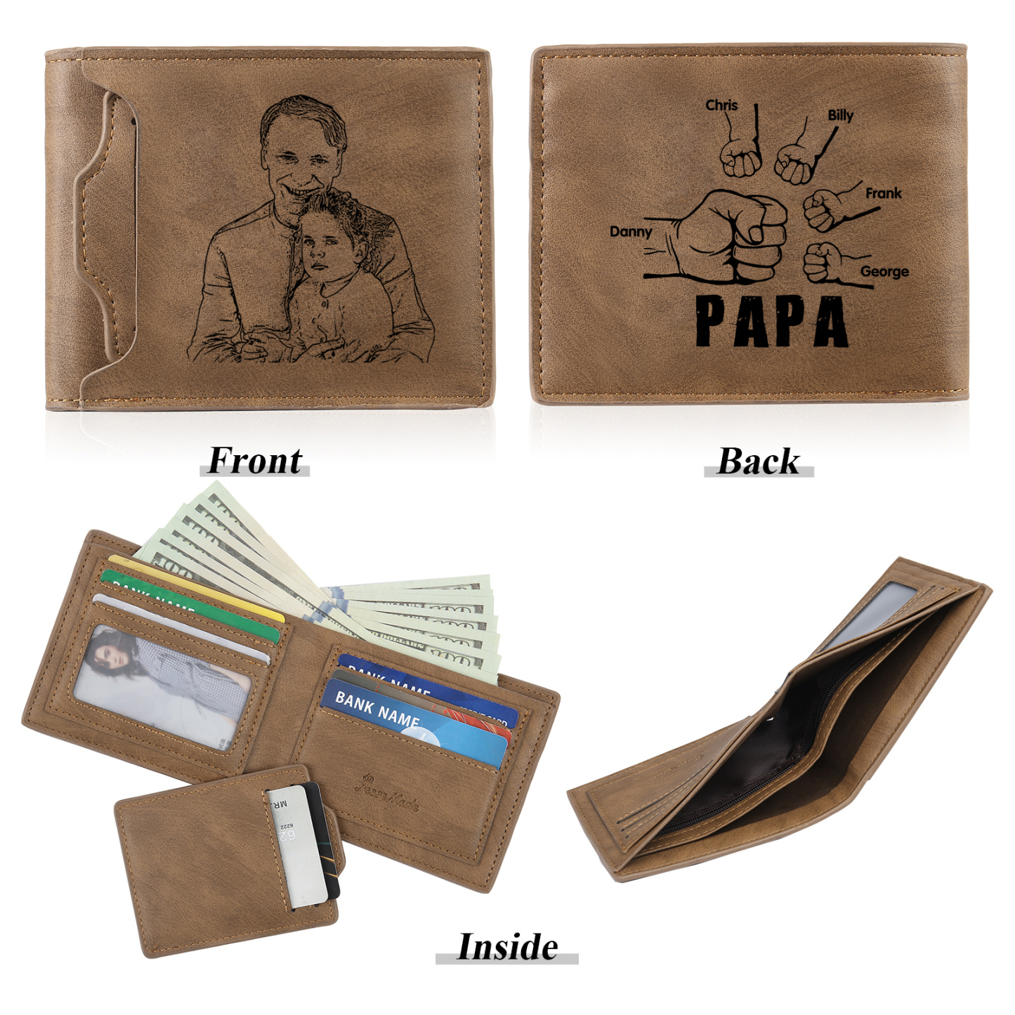 5-Names Personalized Leather Men's wallet With Card Slot Engraved With Name And Photo For Papa As a Father's Day Unique Gift