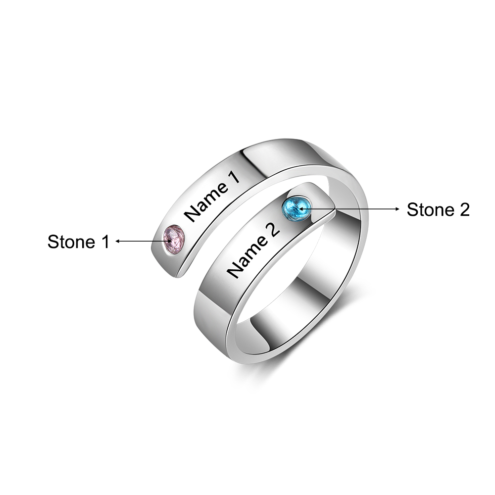 Personalized Ring With 2 Birthstones Engraved Names Ring Gift For Women