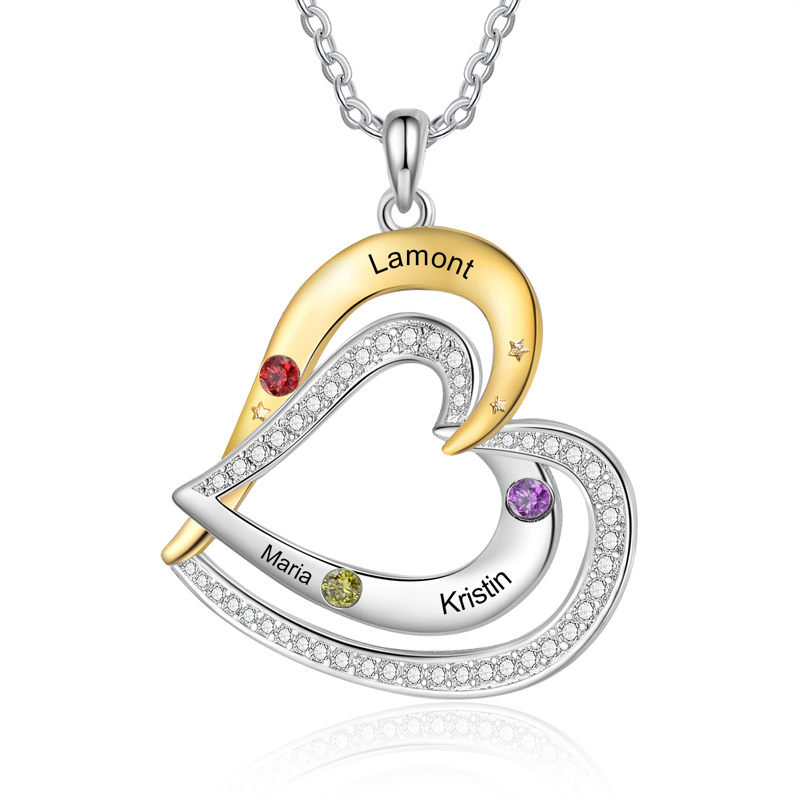 3 Names - Personalized Love Necklace with Customized Name and Birthsto