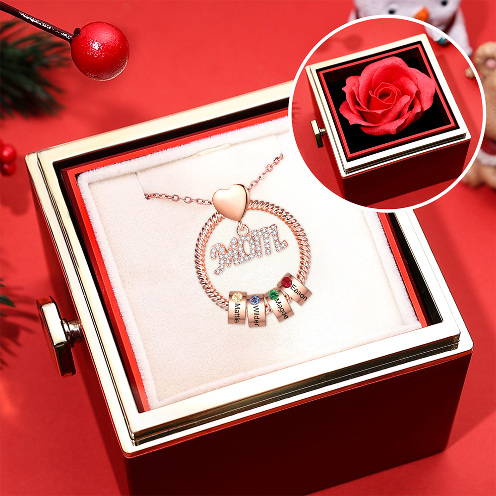 4 Names-Personalized Mom Necklace Set With Premium Rotating Rose Flower Gift Box-Custom Necklace With 4 Birthstones Engraved Names Gift For Mother