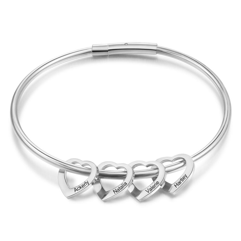 Personalized Love Bracelet with 4 Heart Charms Engraved Name Bangle Bracelet for Her
