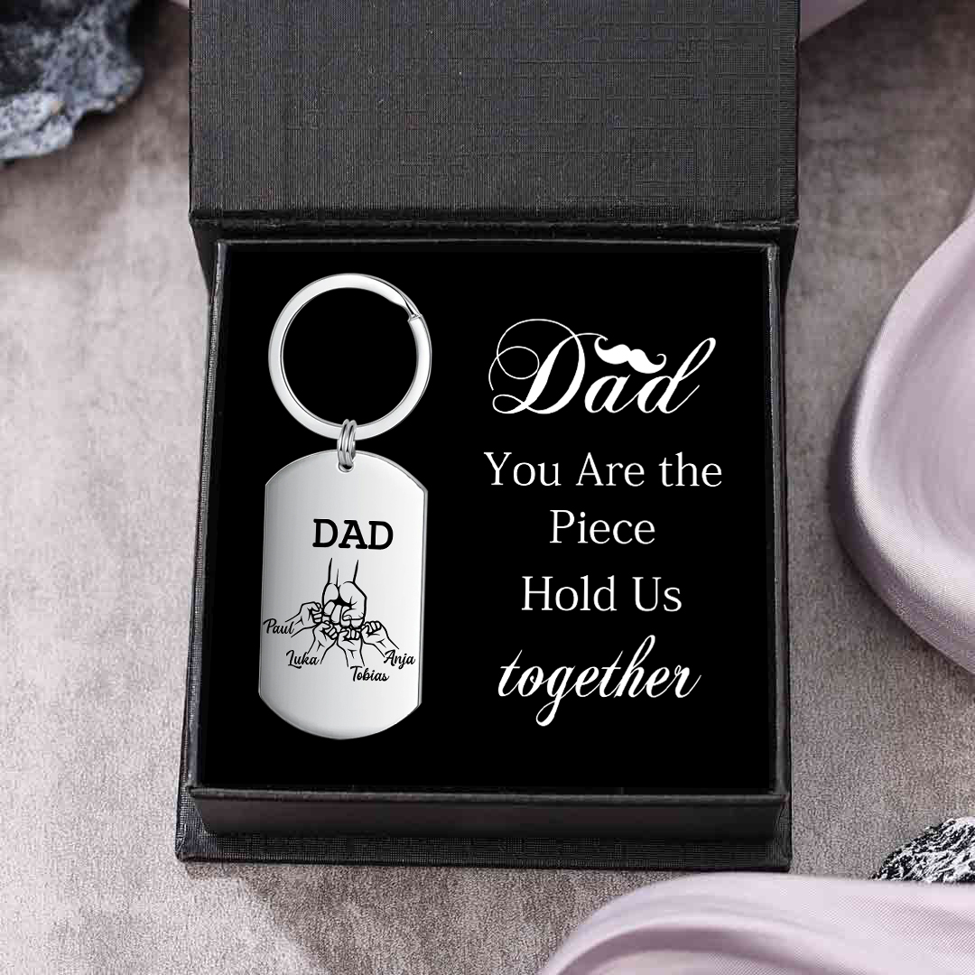 4 Names - Customized Dad Fist Keychain Set l Gift Box with Gift Card for Dad