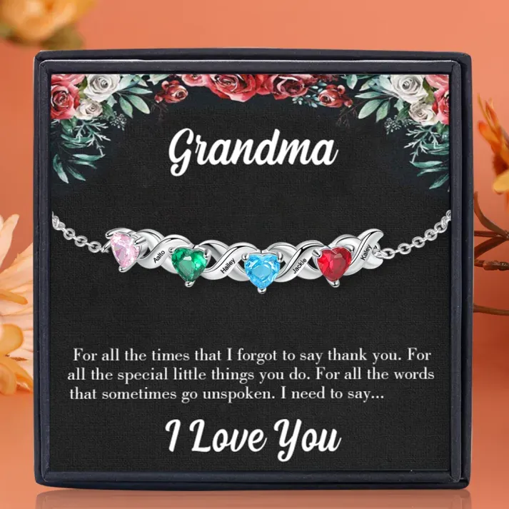 Personalized Heart Bracelet Customized With 4 Names and 4 Birthstones Family Bracelet Gift for Grandma | Jeesmade