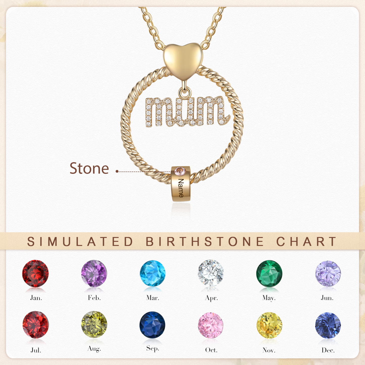 Personalized Circle Necklace With 1 Birthstone Pendant Engraved Names Gift For Mum